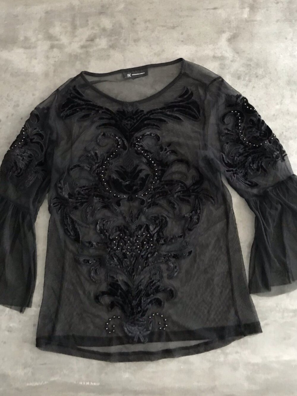 Y2K INC International Concepts Top Small Black Witchy Whimsigoth Sheer Beaded